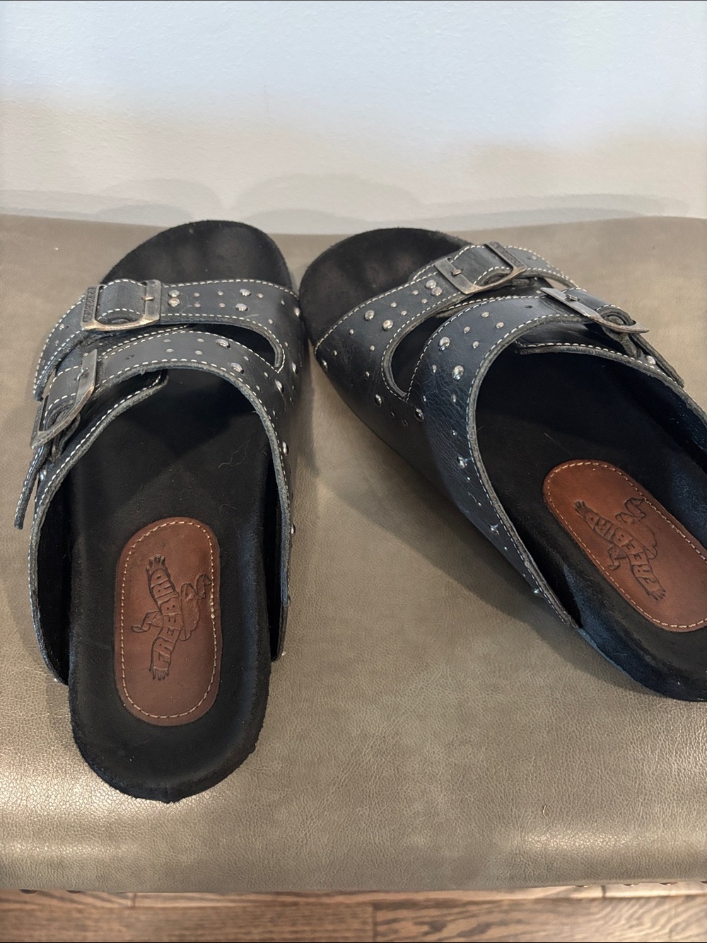 freebird Black Studded Double-Buckle Slide Sandals